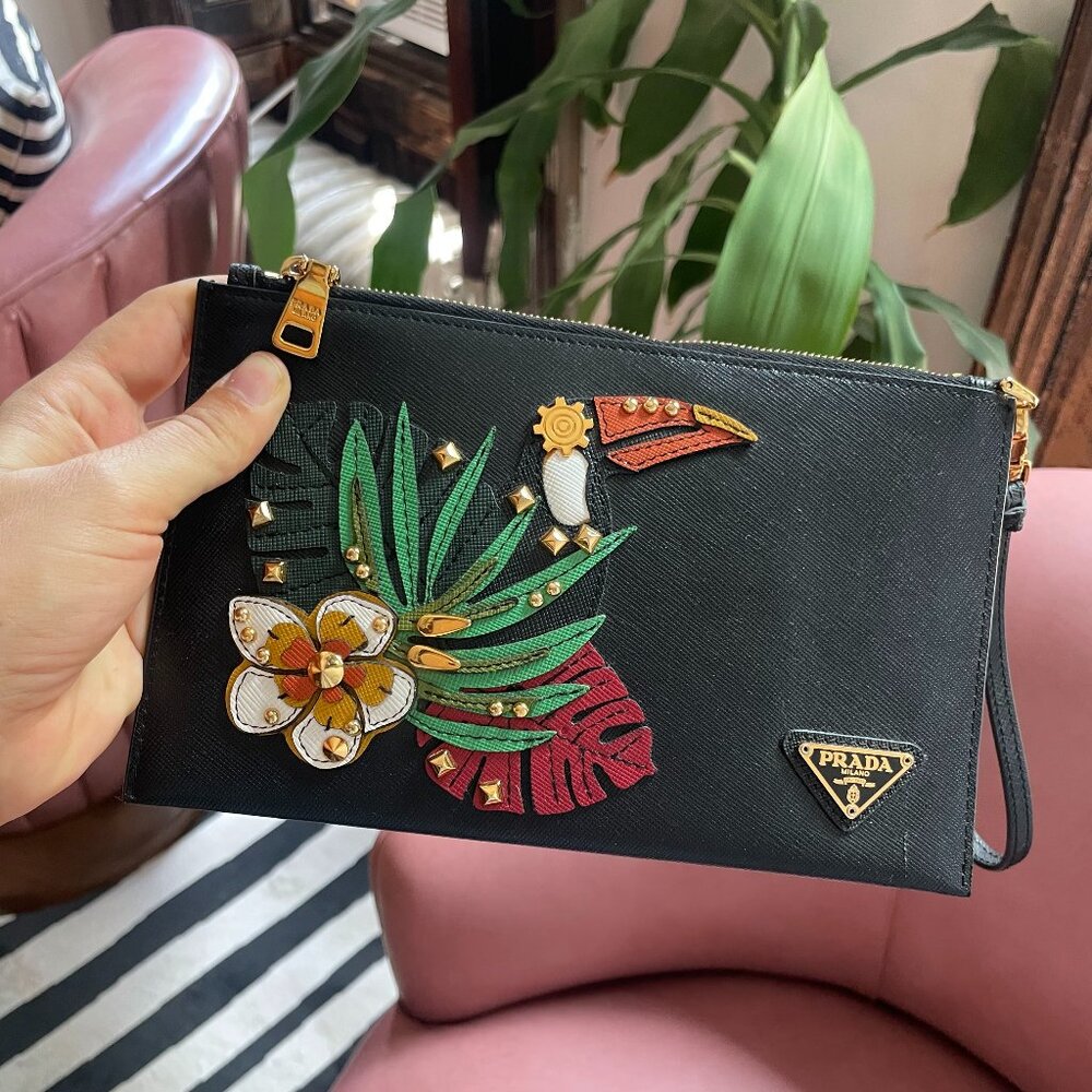 PRADA leather wristlet Toucan print